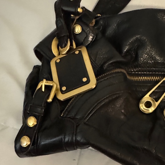 B. Makowsky Black embossed Leather Shoulder Bag with Gold Accents - Picture 2 of 8